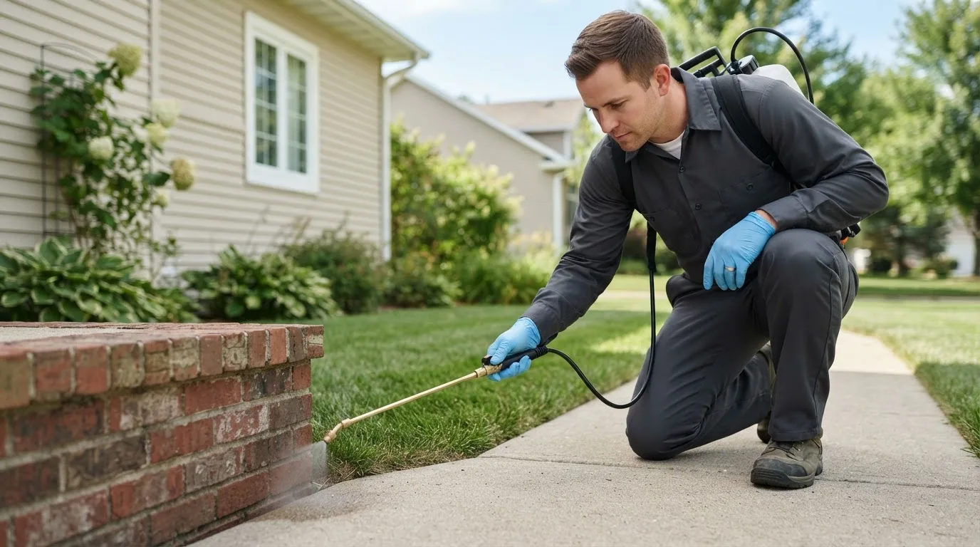 Pest control technician treating a home near Chebanse, IL